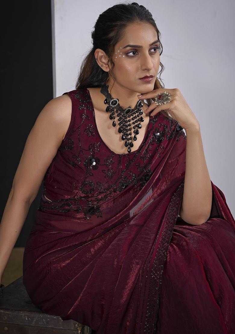 Maroon Sequin Work Silk Blend Saree Set - Indya