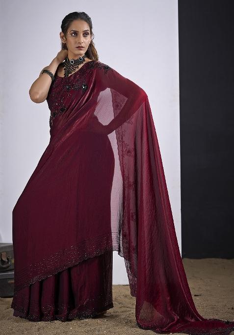 Maroon Sequin Work Silk Saree Set
