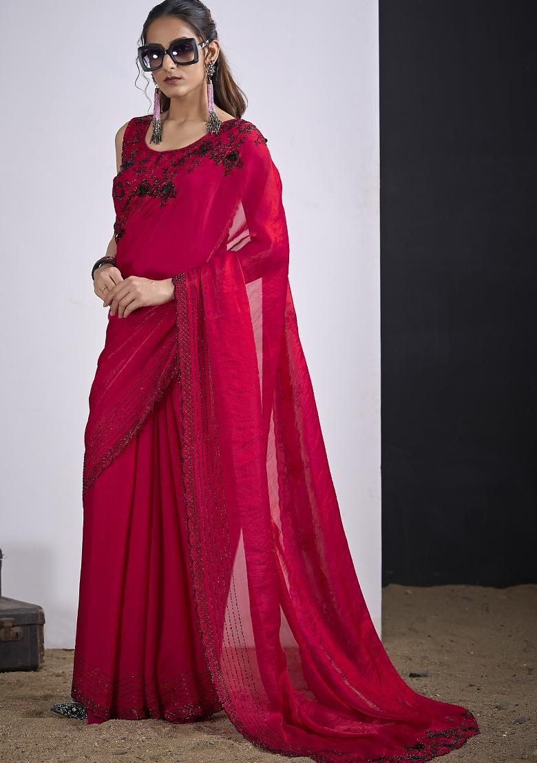 Magenta Sequin Work Silk Blend Saree Set - Indya