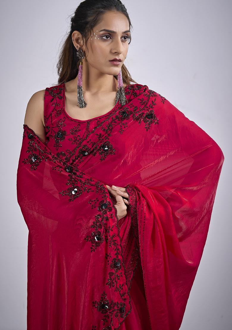 Magenta Sequin Work Silk Blend Saree Set - Indya