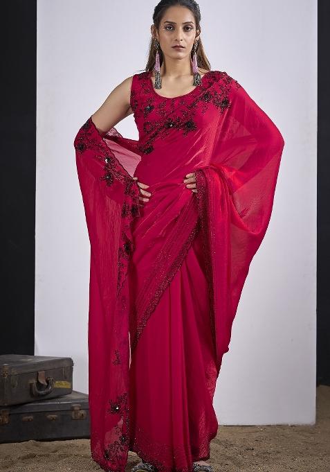 Magenta Sequin Work Silk Saree Set