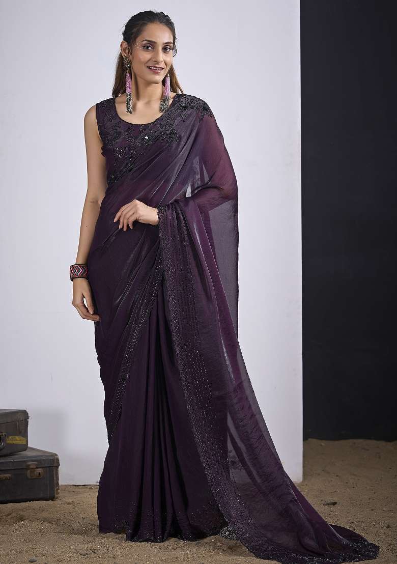 Purple Work Silk Blend Saree Set with Sequin for Diwali | Wedding & Festive Wear - Indya