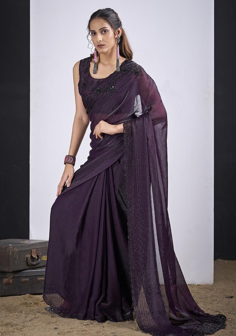 Purple Sequin Work Silk Blend Saree Set - Indya