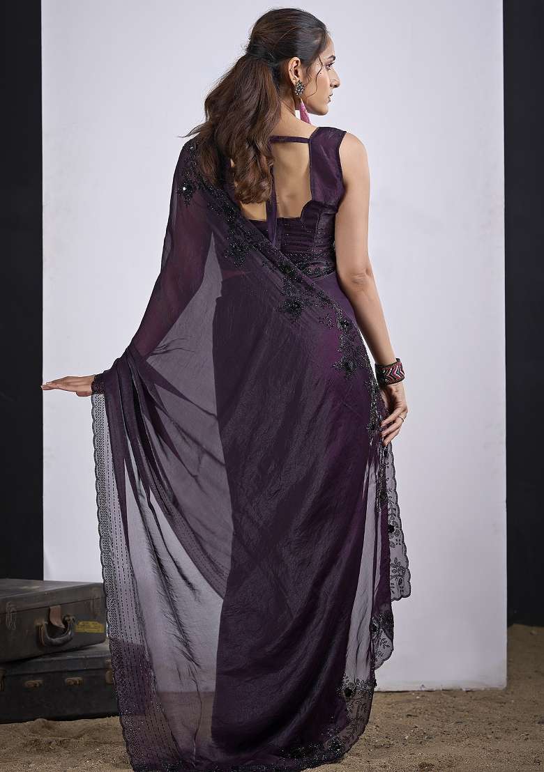 Purple Work Silk Blend Saree Set with Sequin for Diwali | Wedding & Festive Wear - Indya