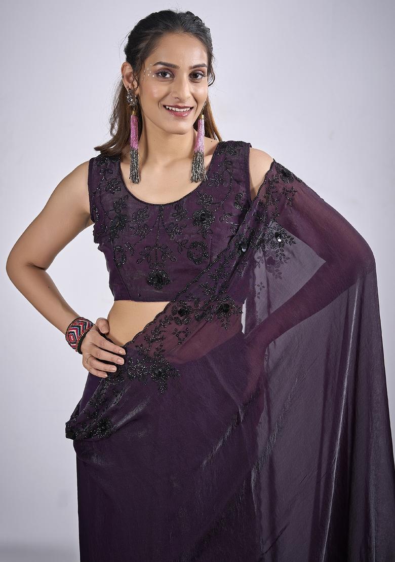 Purple Sequin Work Silk Blend Saree Set - Indya