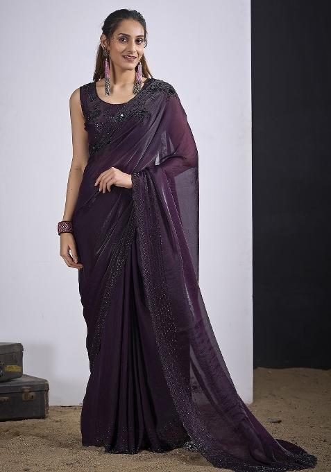 Purple Sequin Work Silk Saree Set