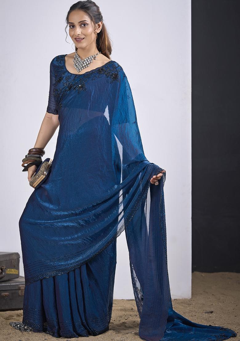 Blue Sequin Work Silk Blend Saree Set - Indya