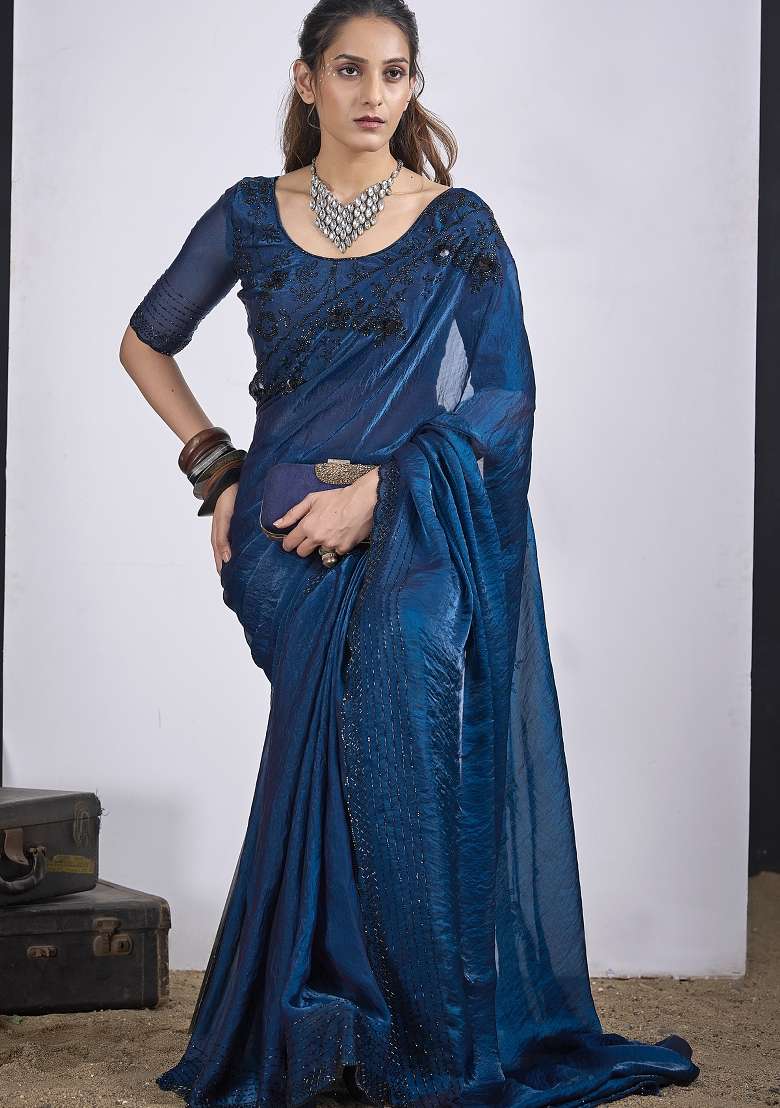 Blue Sequin Work Silk Blend Saree Set for Diwali and Festive Wear - Indya