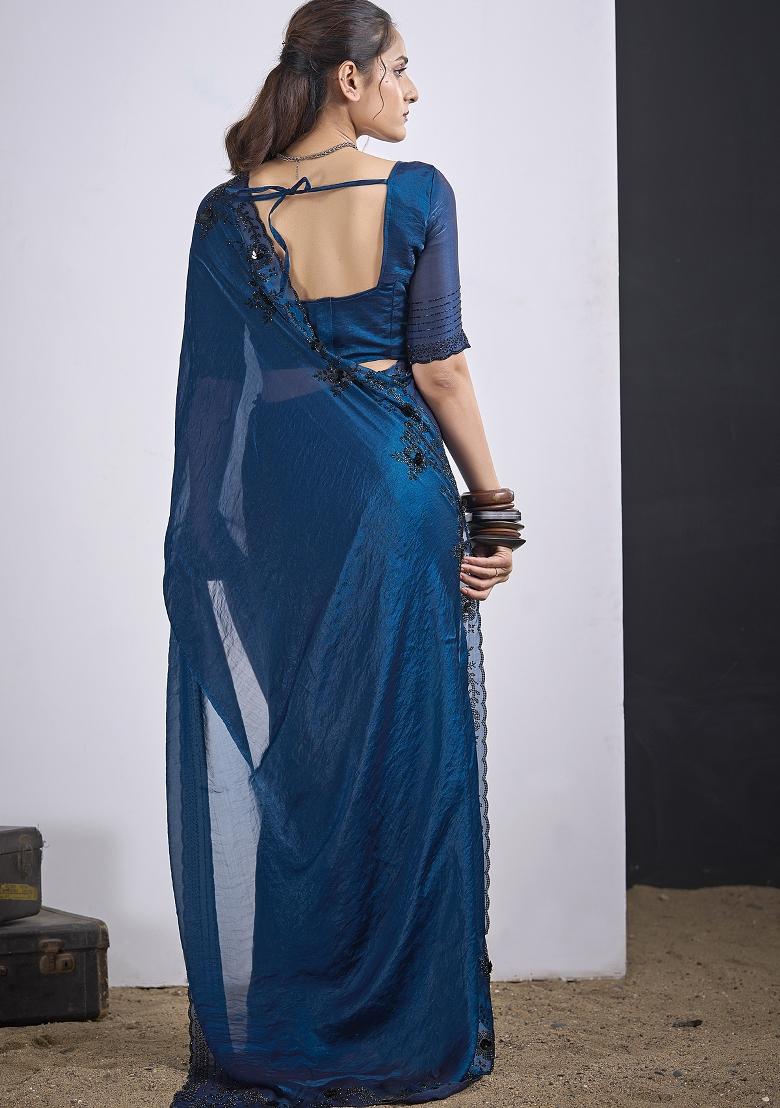 Blue Sequin Work Silk Blend Saree Set - Indya