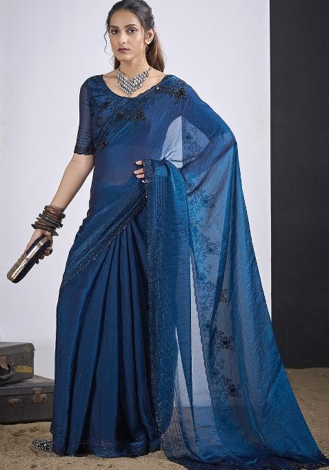 Blue Sequin Work Silk Saree Set
