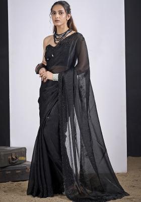 Black Sequin Work Silk Blend Saree Set
