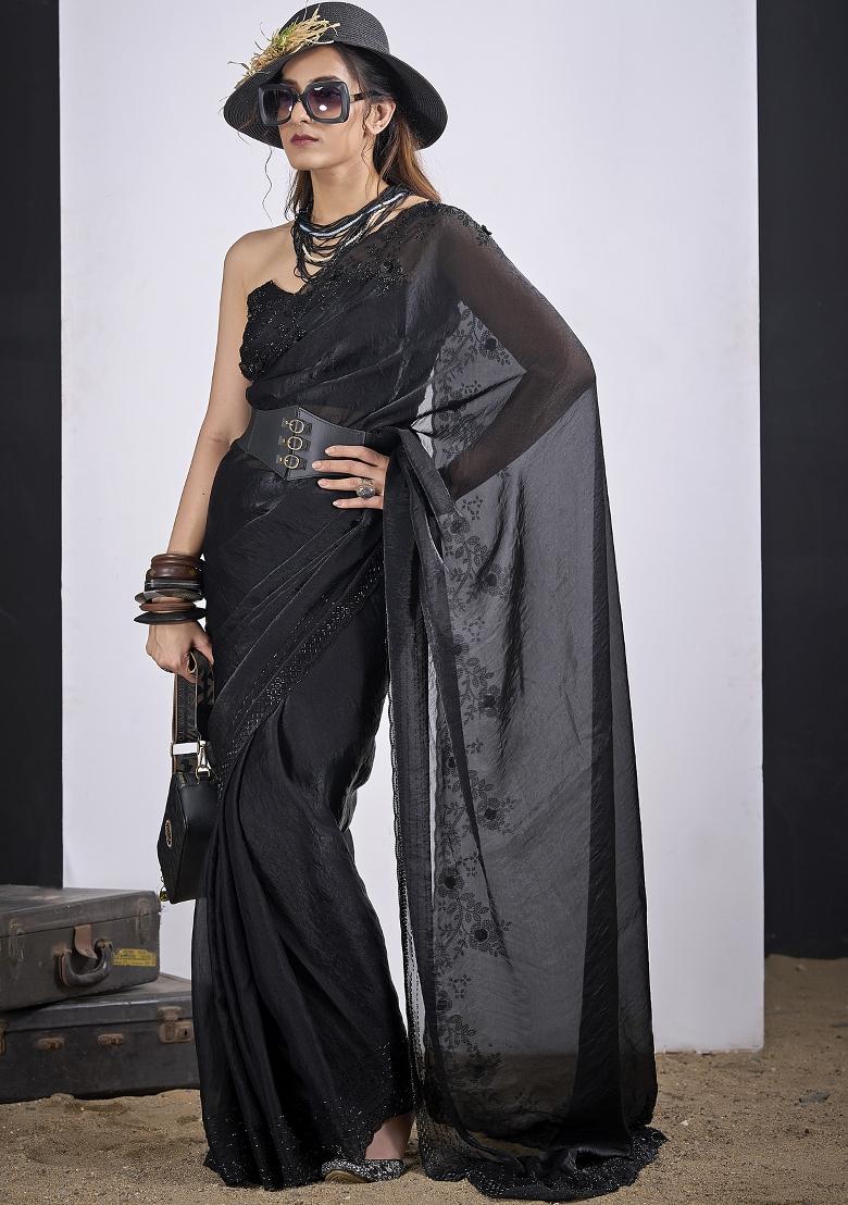 Black Sequin Work Silk Blend Saree Set - Indya