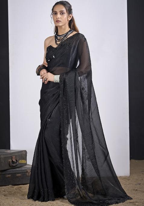 Black Sequin Work Silk Saree Set