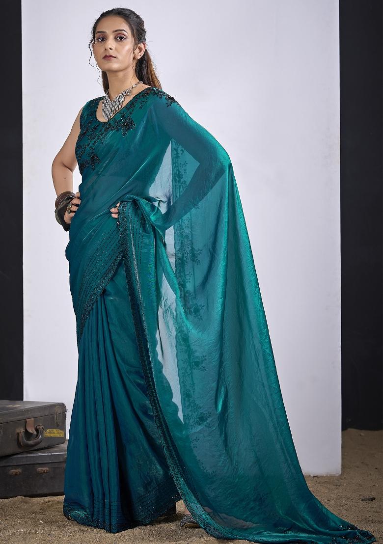 Teal Blue Sequin Work Silk Blend Saree Set - Indya