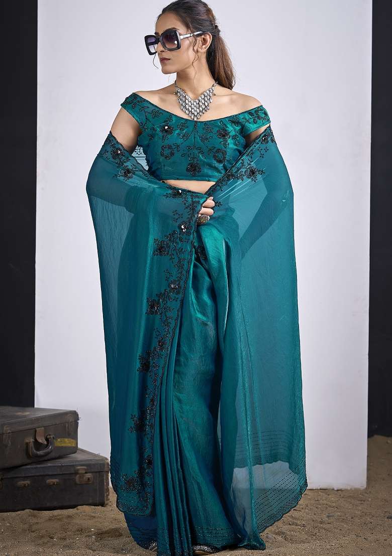 Teal Blue Work Silk Blend Saree Set with Sequin for Diwali | Wedding & Festive Wear - Indya