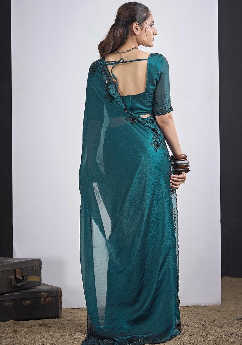 Teal Blue Sequin Work Silk Blend Saree Set - Indya