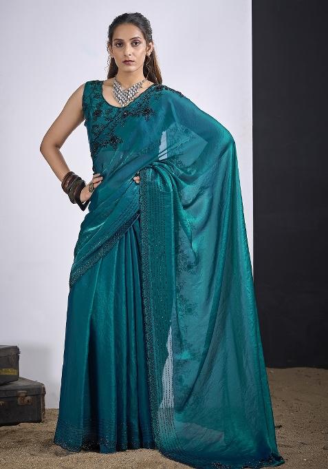 Teal Blue Sequin Work Silk Blend Saree Set