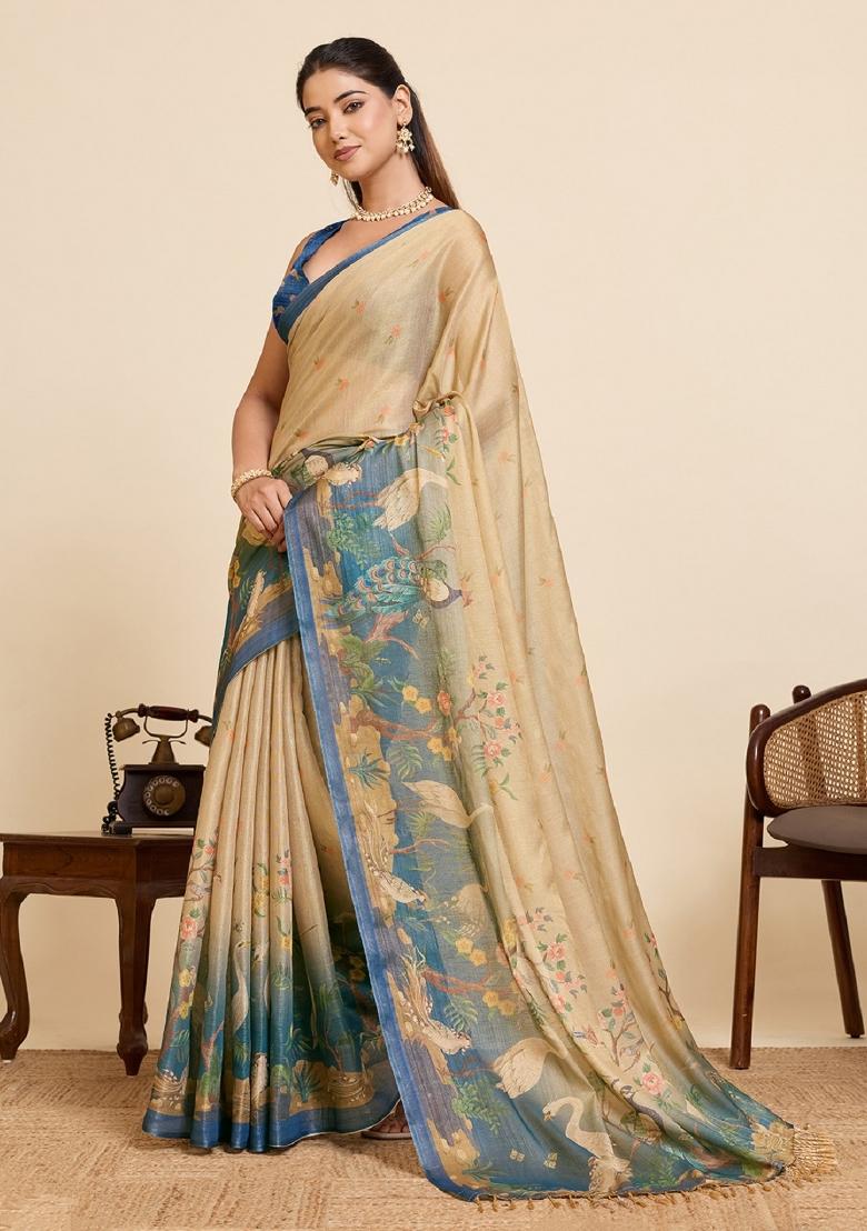 Beige Zari Work Silk Blend Saree Set - Indya