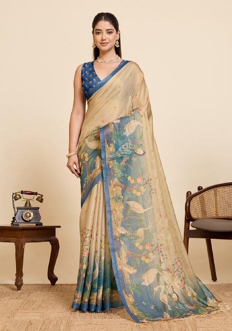Beige Zari Work Silk Blend Saree Set