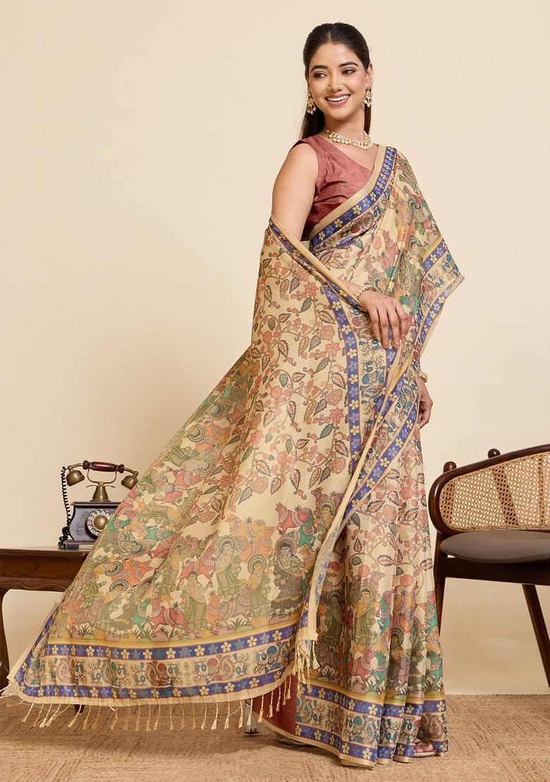 Golden Zari Work Silk Blend Saree Set - Indya