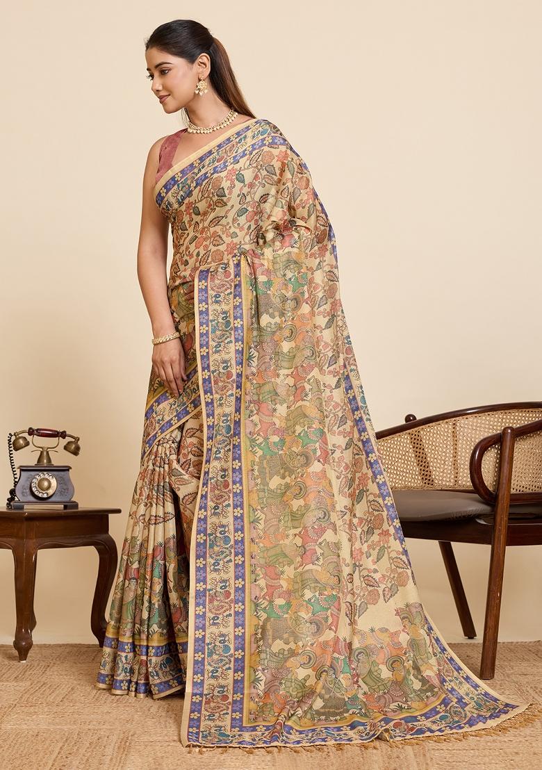 Golden Zari Work Silk Blend Saree Set - Indya