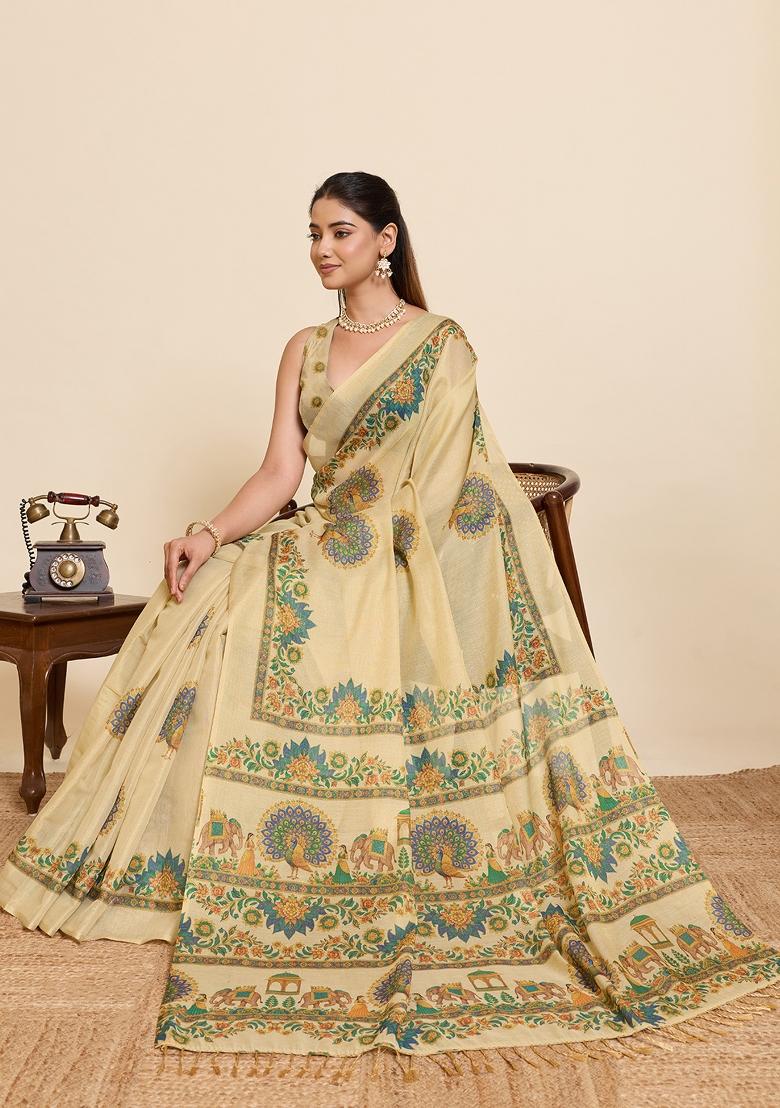 Lemon Yellow Zari Work Silk Blend Saree Set - Indya