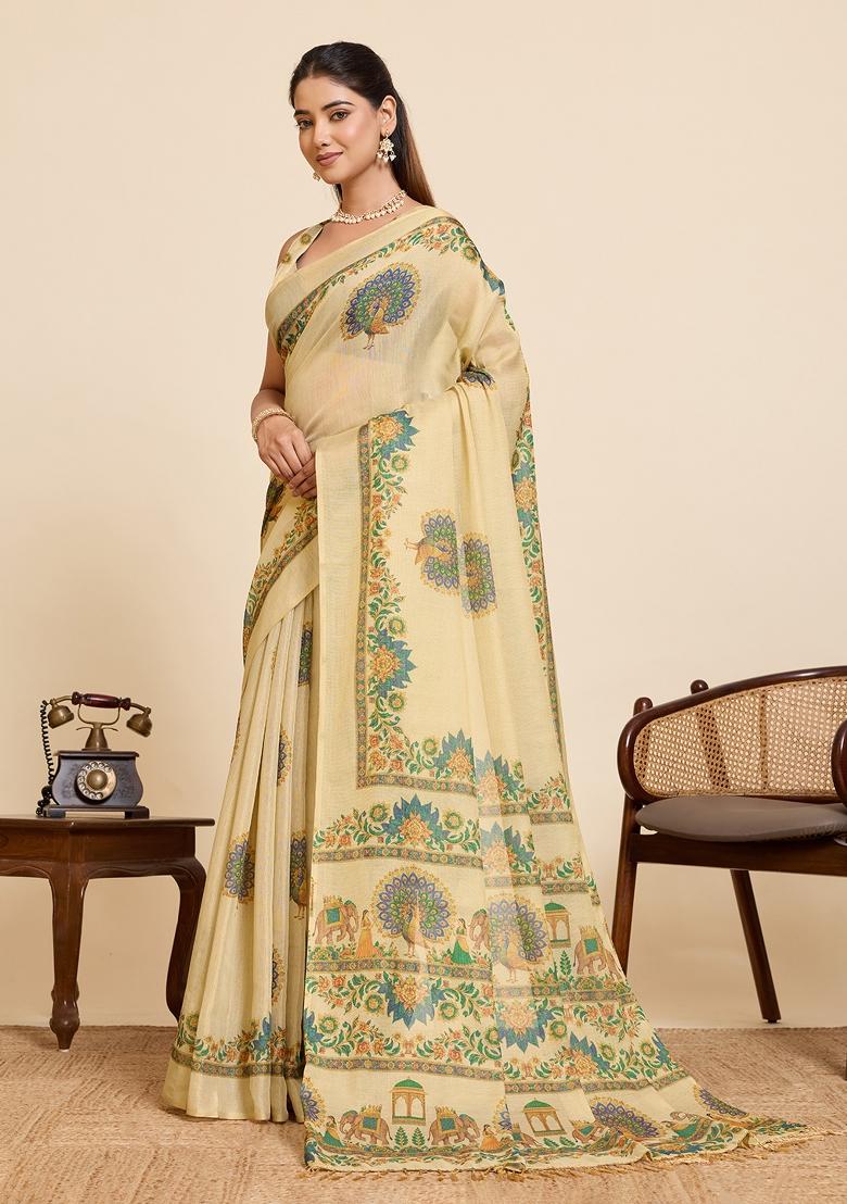 Lemon Yellow Zari Work Silk Blend Saree Set - Indya