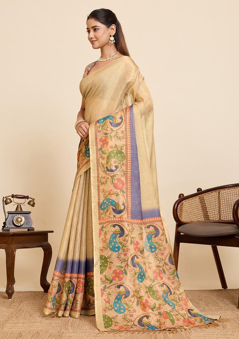 Golden Zari Work Silk Blend Saree Set - Indya