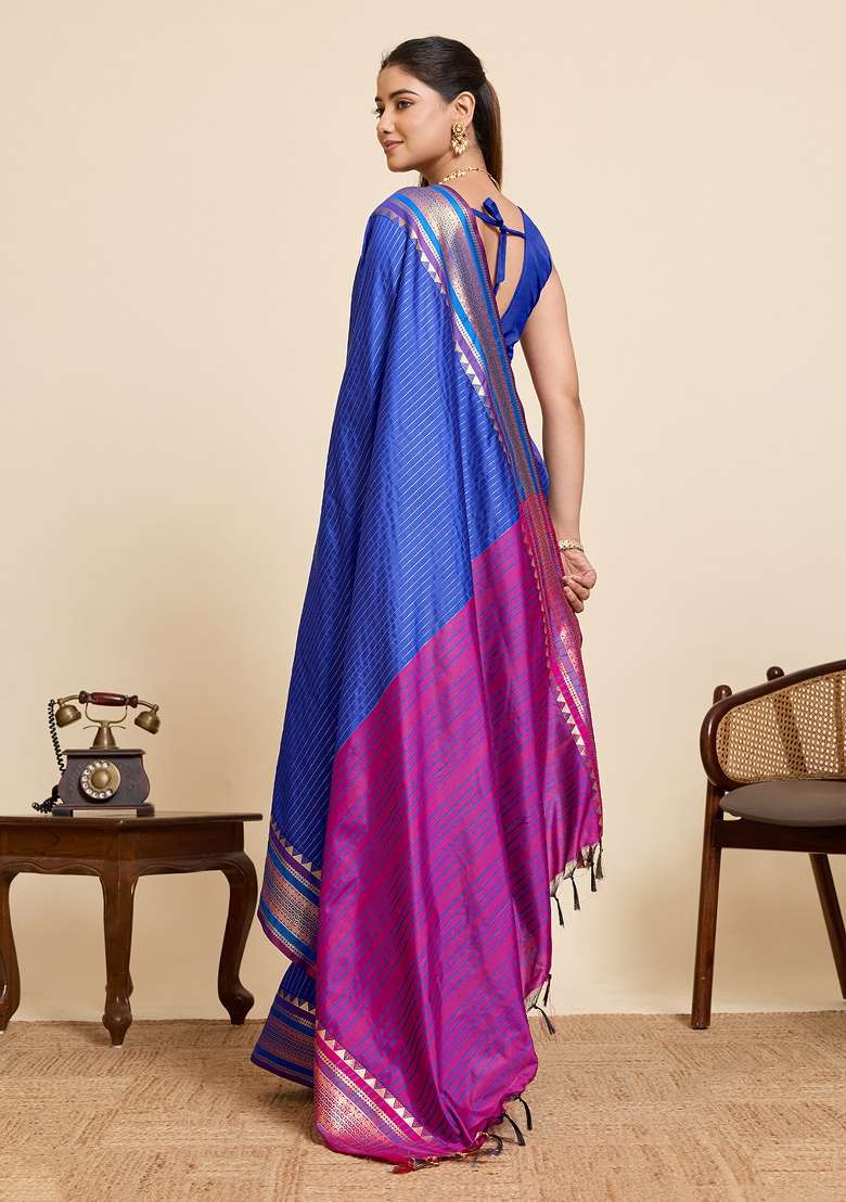 Royal Blue Zari Work Silk Blend Saree Set for Diwali and Festive Wear - Indya