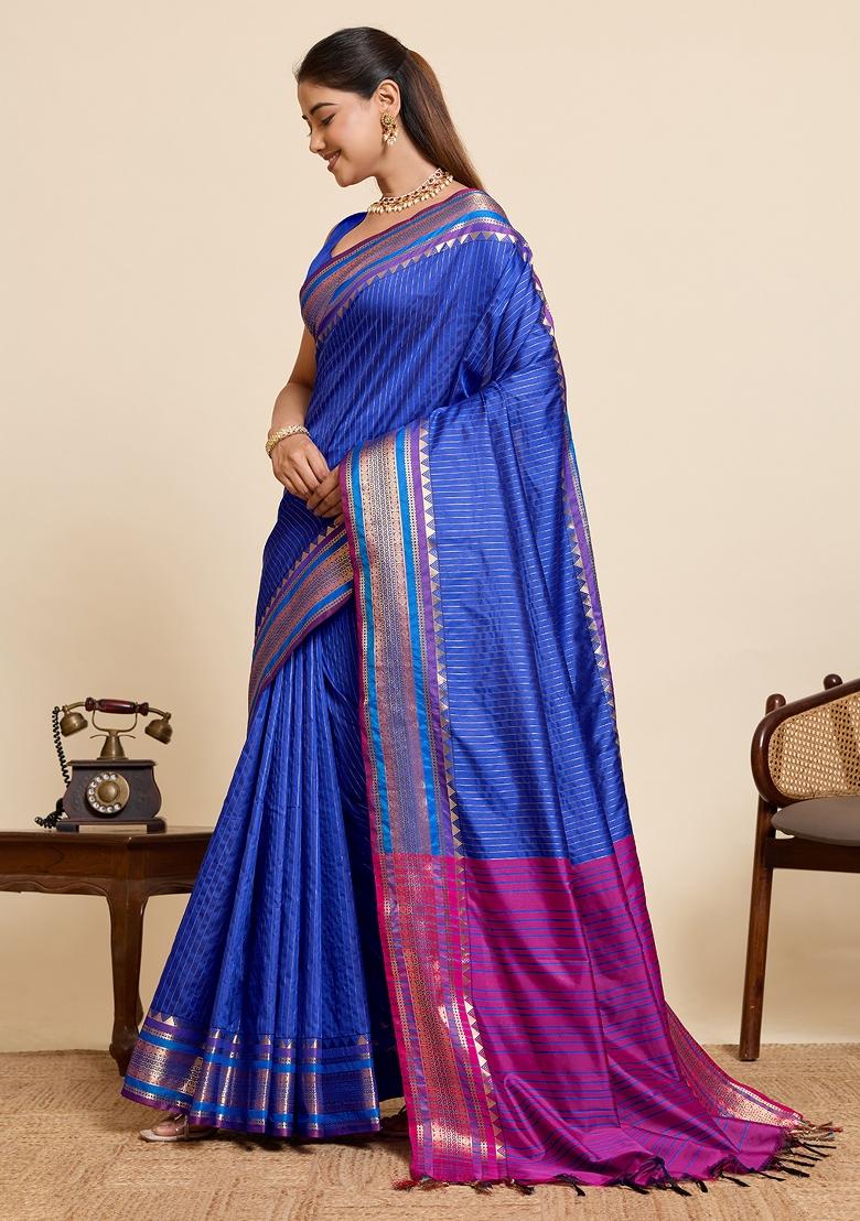 Royal Blue Zari Work Silk Blend Saree Set - Indya