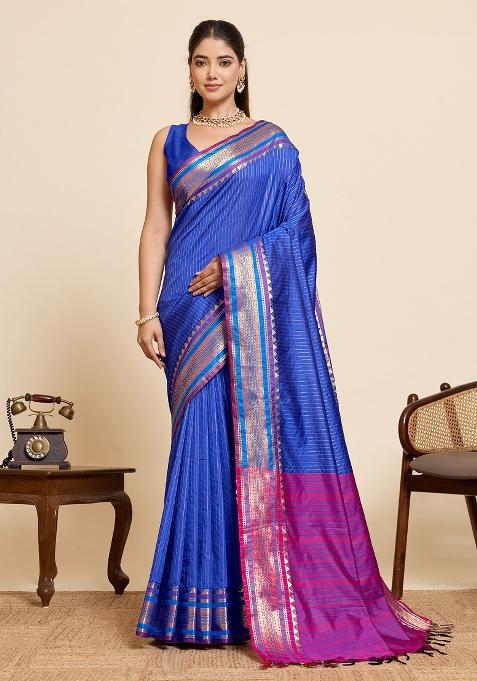 Royal Blue Zari Work Silk Saree Set
