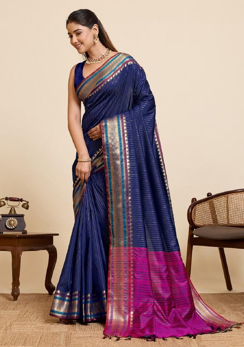 Navy Blue Zari Work Silk Blend Saree Set - Indya