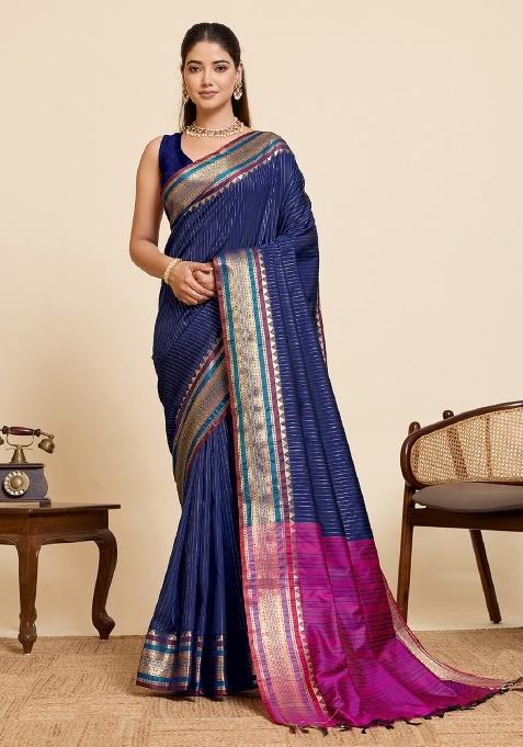 Navy Blue Zari Work Silk Saree Set