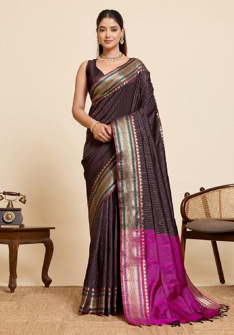 Brown Zari Work Silk Saree Set