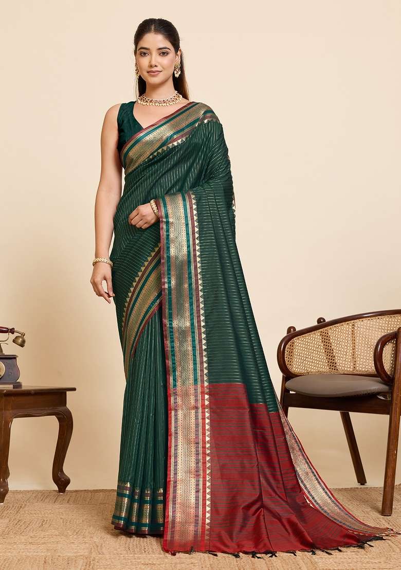 Green Silk Blend Saree Set with Zari Work for Diwali | Wedding & Festive Wear - Indya