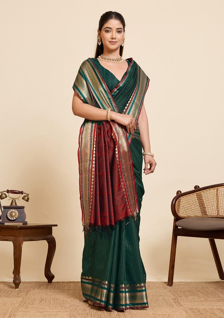 Green Zari Work Silk Blend Saree Set - Indya