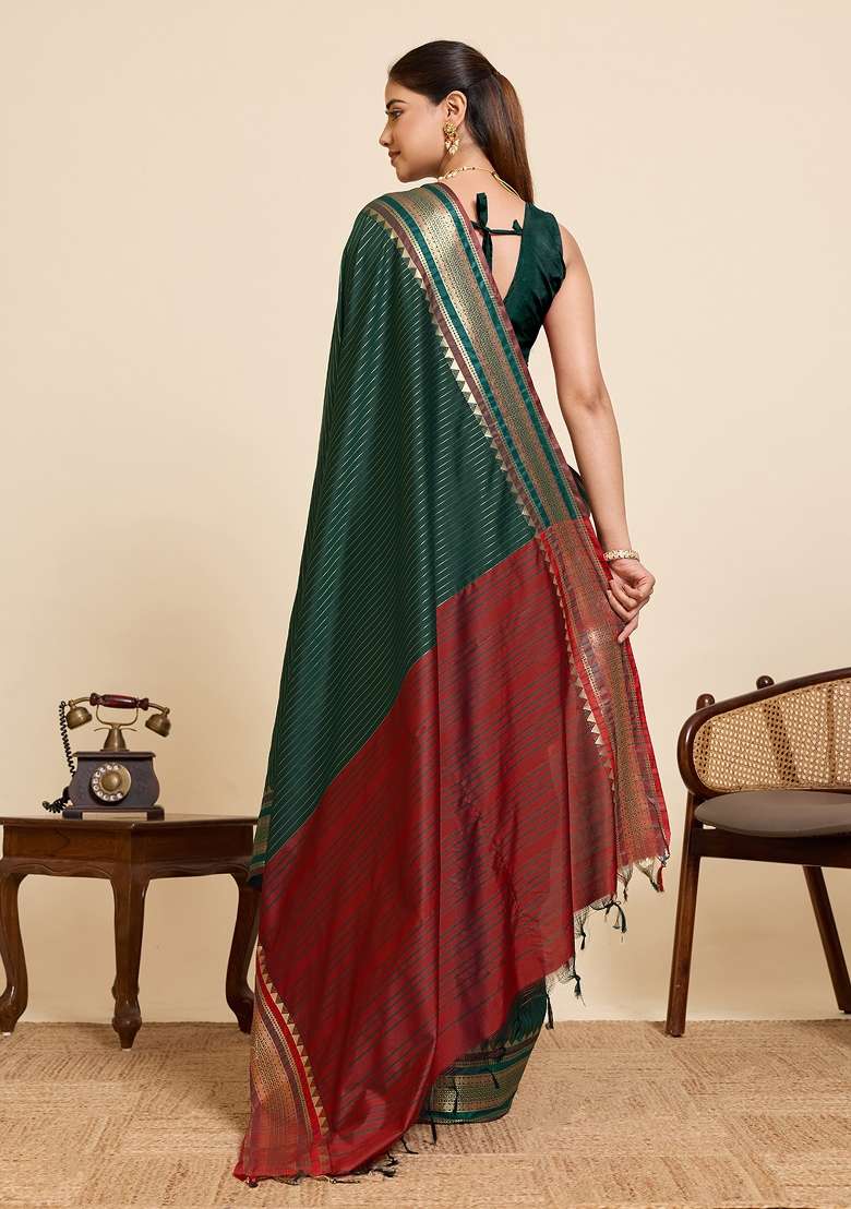 Green Silk Blend Saree Set with Zari Work for Diwali | Wedding & Festive Wear - Indya