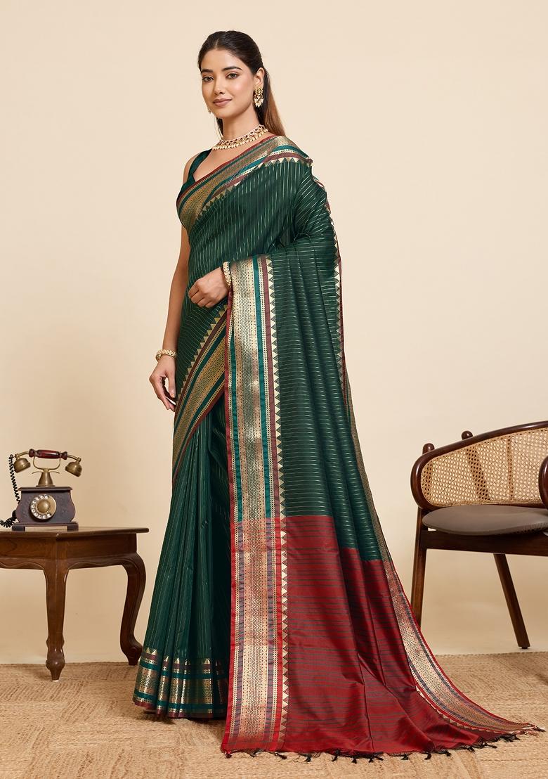 Green Zari Work Silk Blend Saree Set - Indya