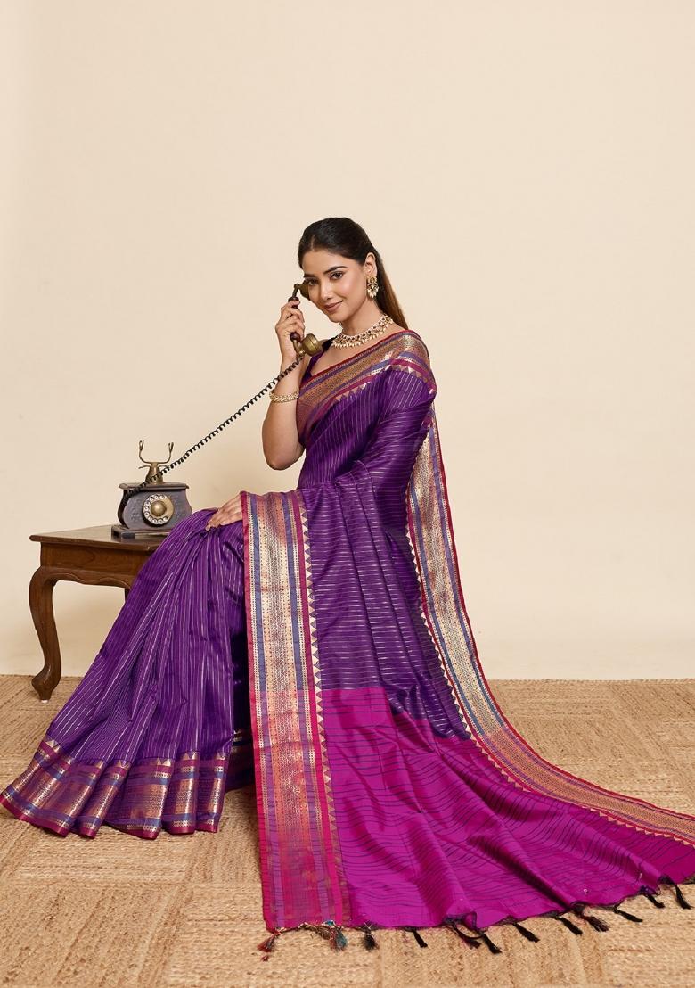 Purple Zari Work Silk Blend Saree Set - Indya