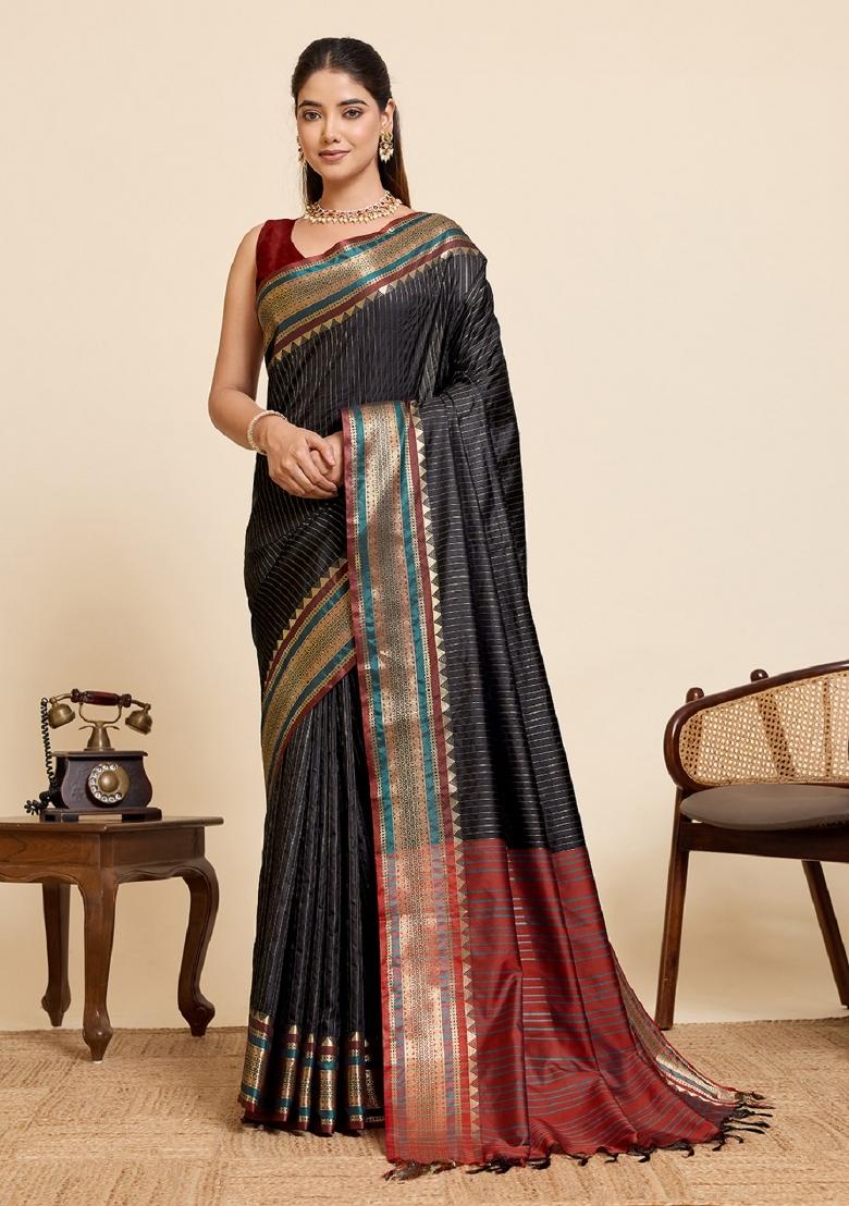 Black Zari Work Silk Blend Saree Set - Indya