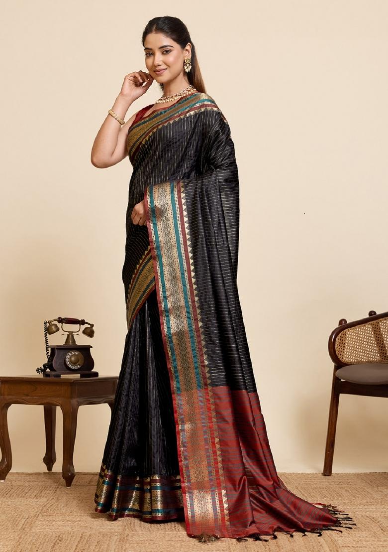 Black Zari Work Silk Blend Saree Set - Indya