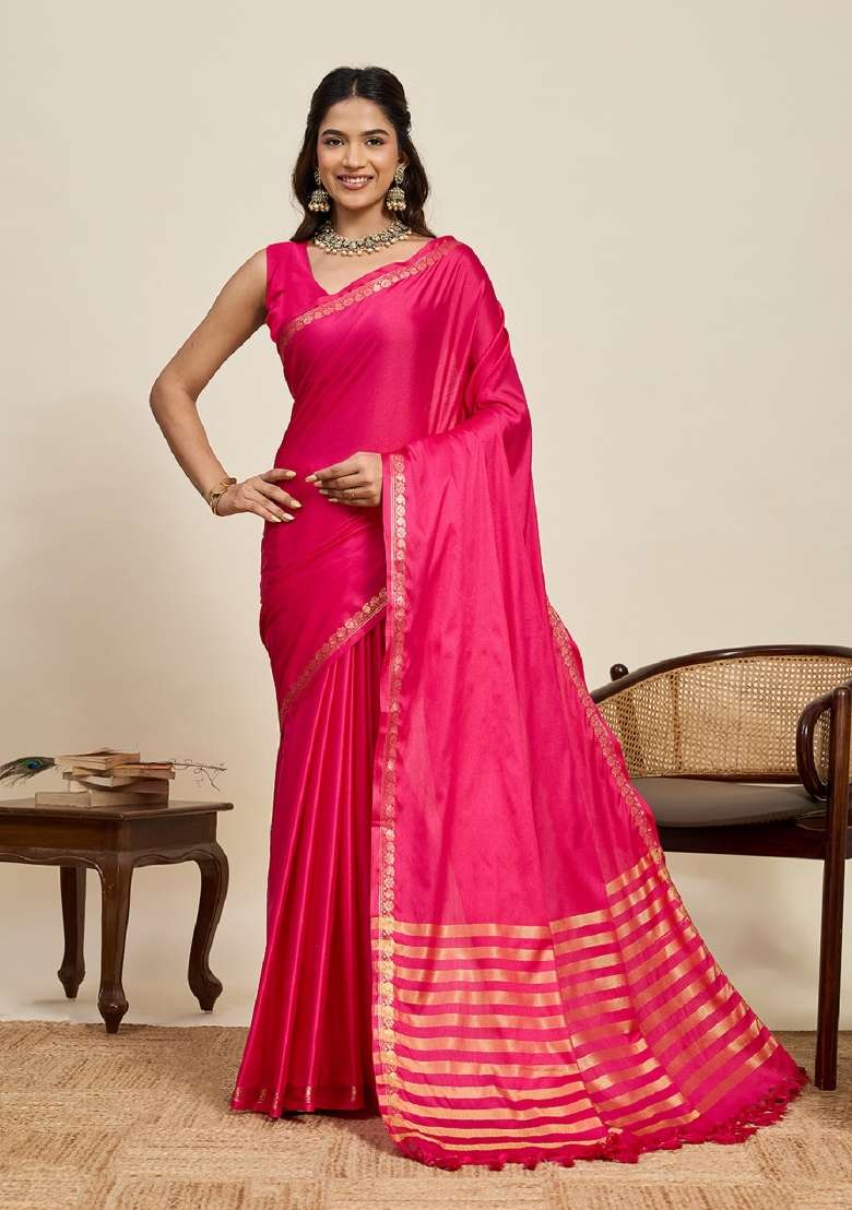 Pink Zari Work Silk Blend Saree Set - Indya