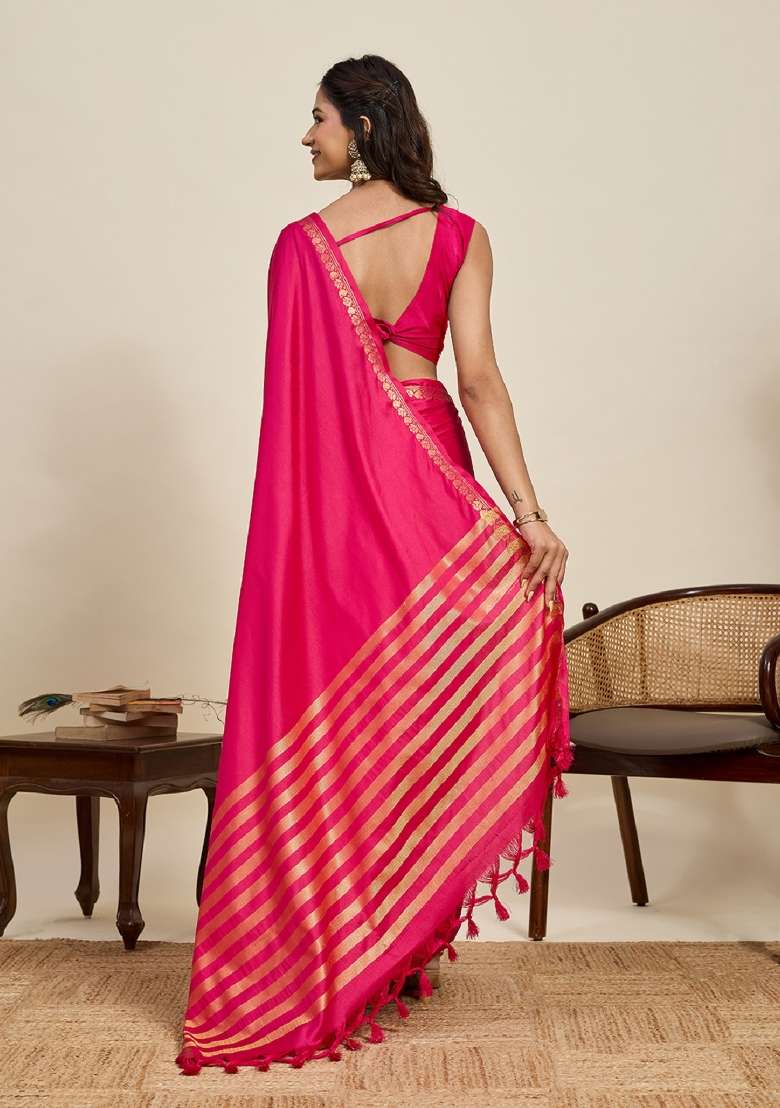 Pink Zari Work Silk Blend Saree Set - Indya