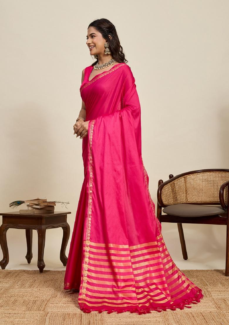 Pink Zari Work Silk Blend Saree Set - Indya