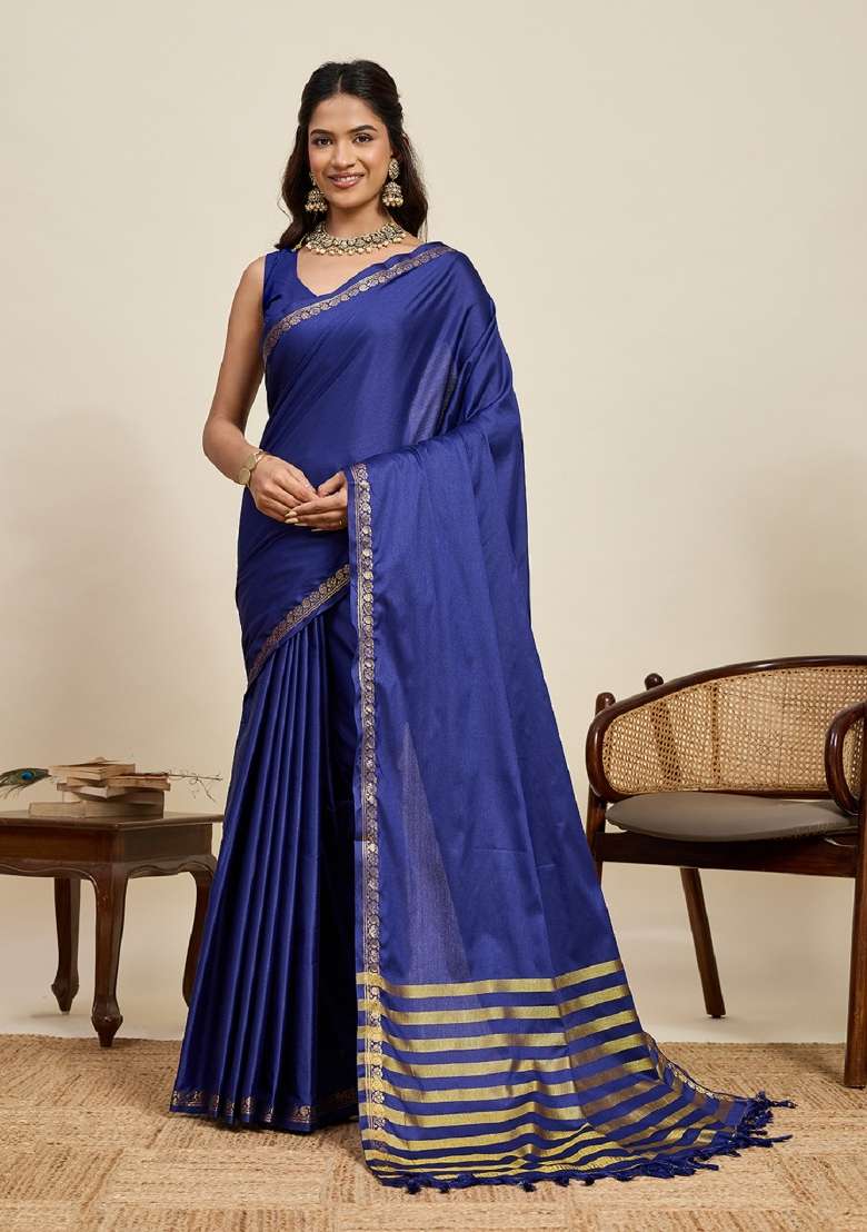 Navy Blue Zari Work Silk Blend Saree Set - Indya