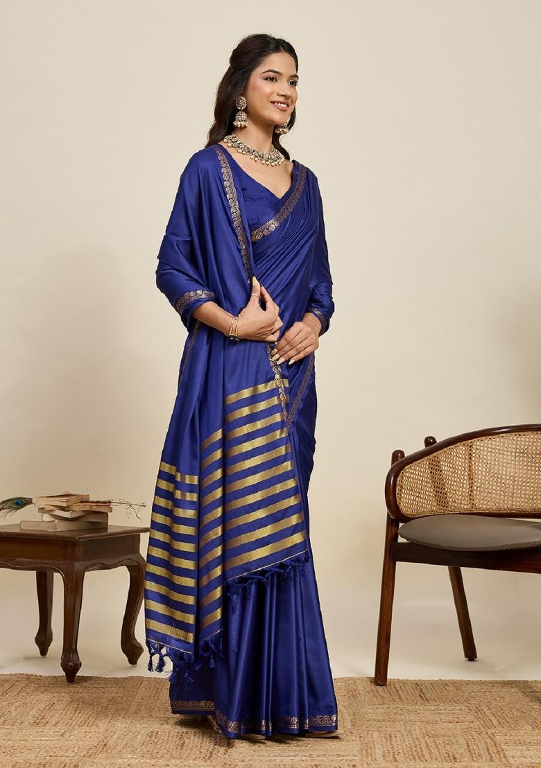 Navy Blue Zari Work Silk Blend Saree Set - Indya