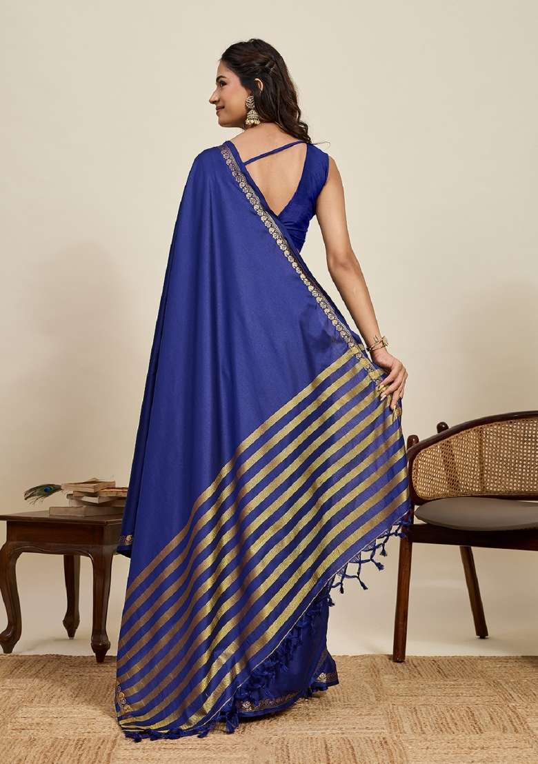 Navy Blue Zari Work Silk Blend Saree Set - Indya