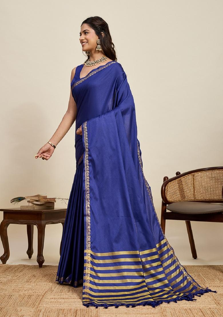 Navy Blue Zari Work Silk Blend Saree Set - Indya