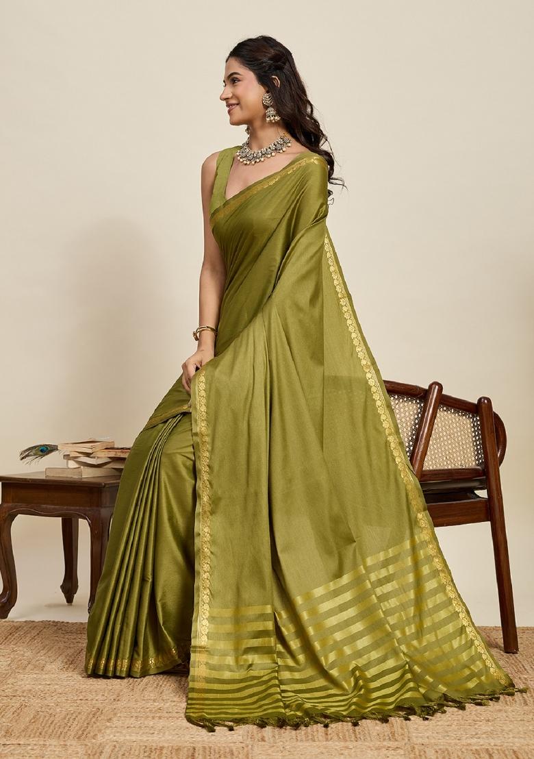 Mint Green Zari Work Silk Blend Saree Set - Indya