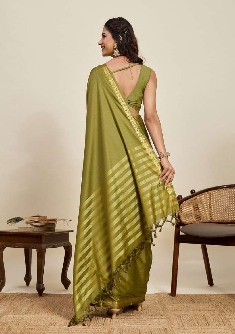 Mint Green Zari Work Silk Blend Saree Set - Indya